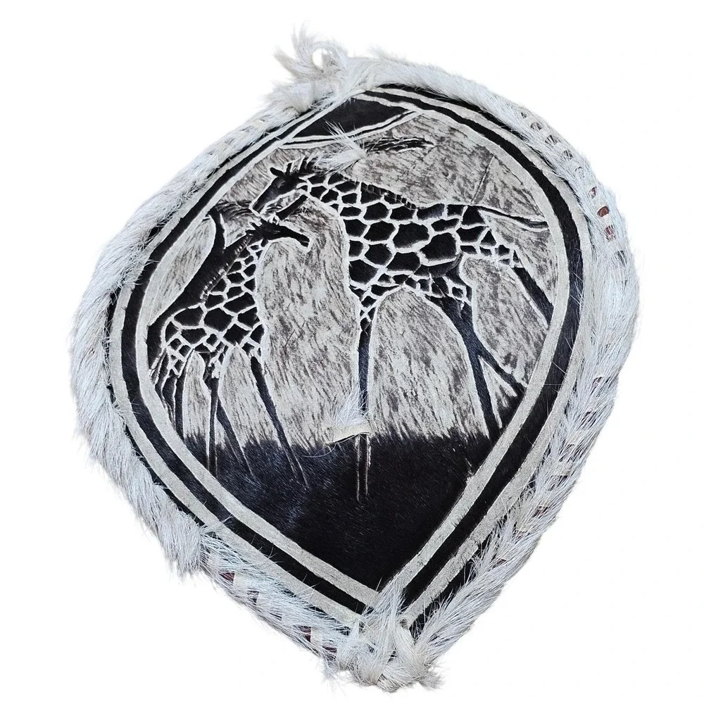 African Warrior Shield Art Brown  Carved Hide Giraffe Fur Trim‎ War Shield